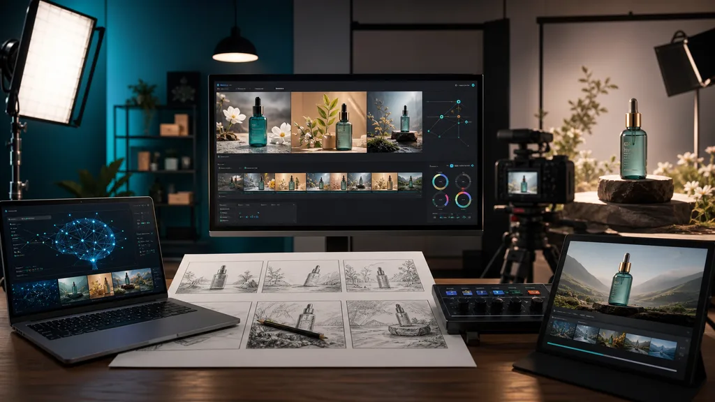 AI generated commercial production workflow with storyboard, product scene, and editing monitors
