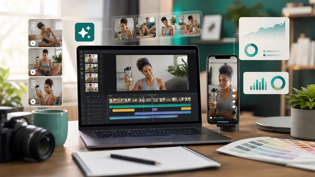 AI video ad creator workflow with editing timeline, mobile previews, and performance charts