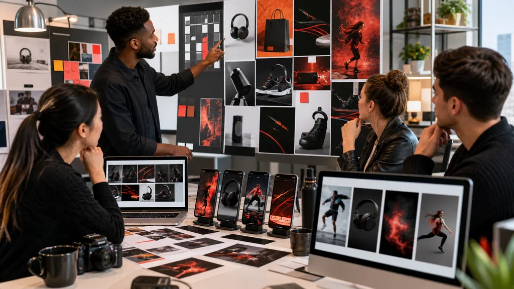 Black Friday advert planning room with AI video ad variants and ecommerce creative boards