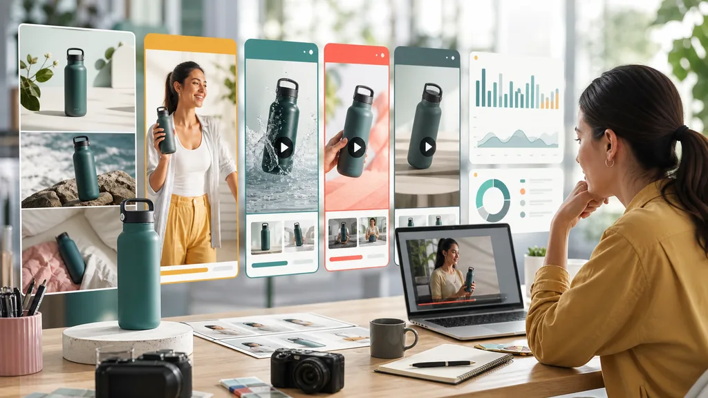 Product advertising workflow with AI video previews, product proof shots, and analytics panels