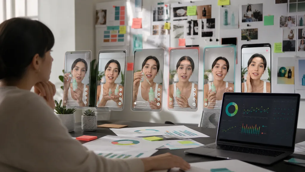 UGC ads AI creative review room with vertical video variants and performance charts
