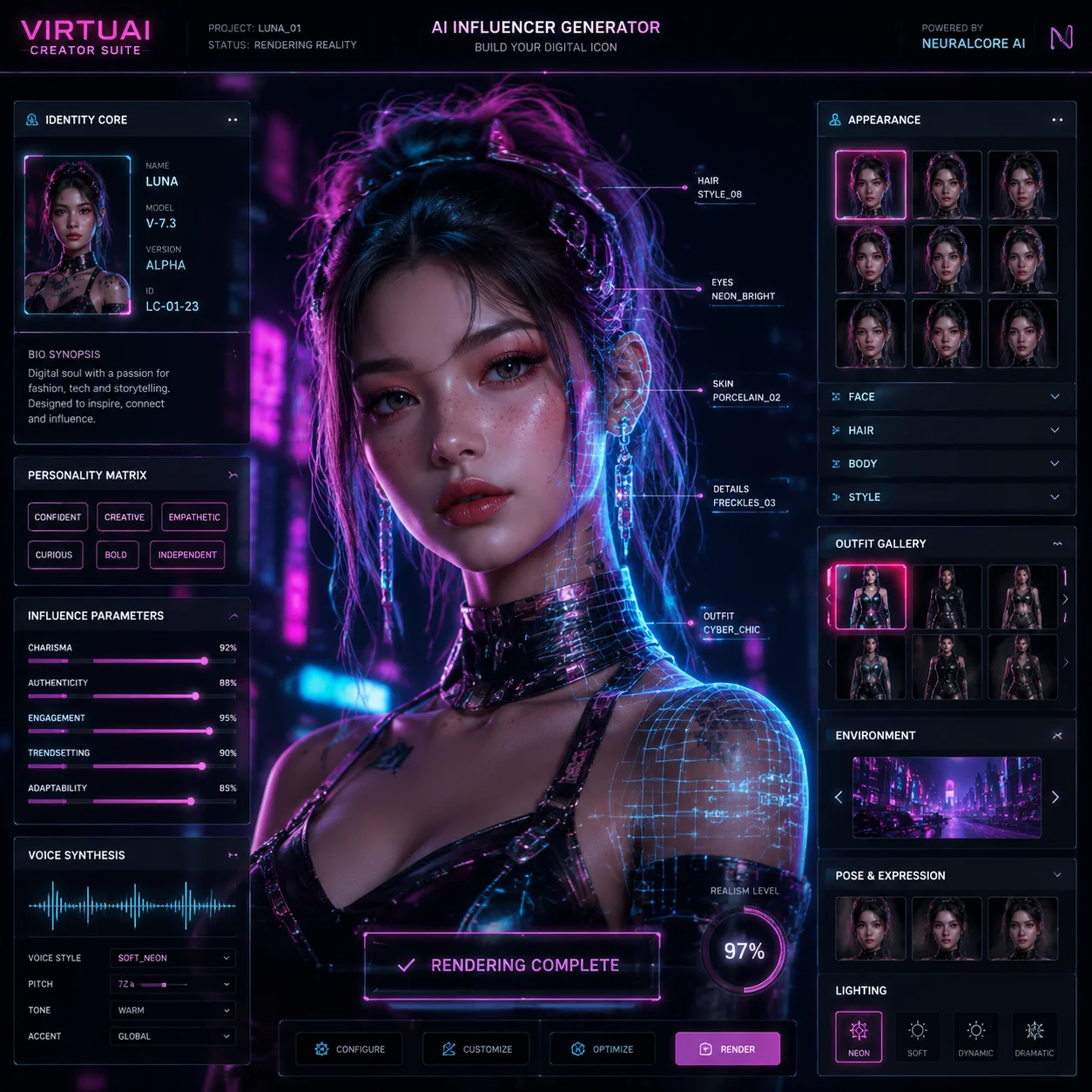 A virtual AI-generated influencer character being created on a high-tech futuristic interface