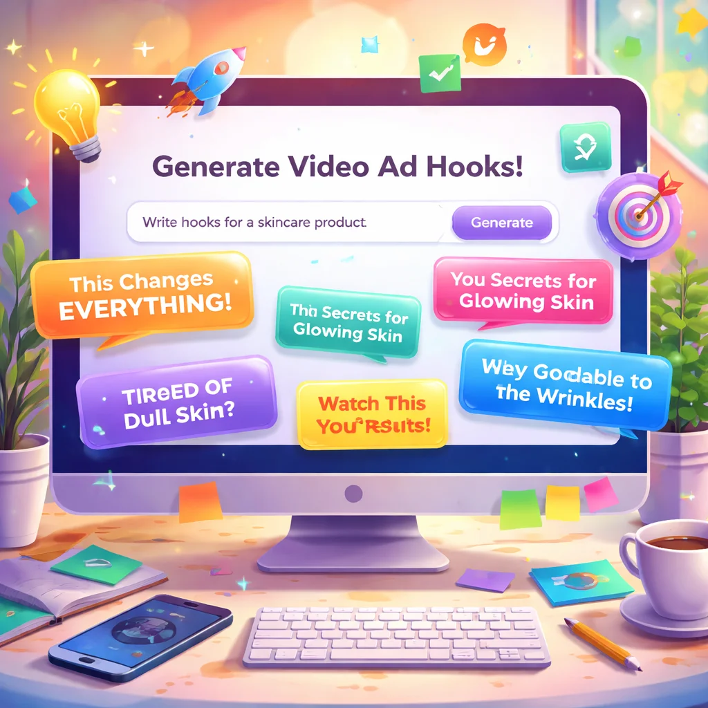 A creative hook generation tool interface showing catchy video ad openings with colorful text suggestions