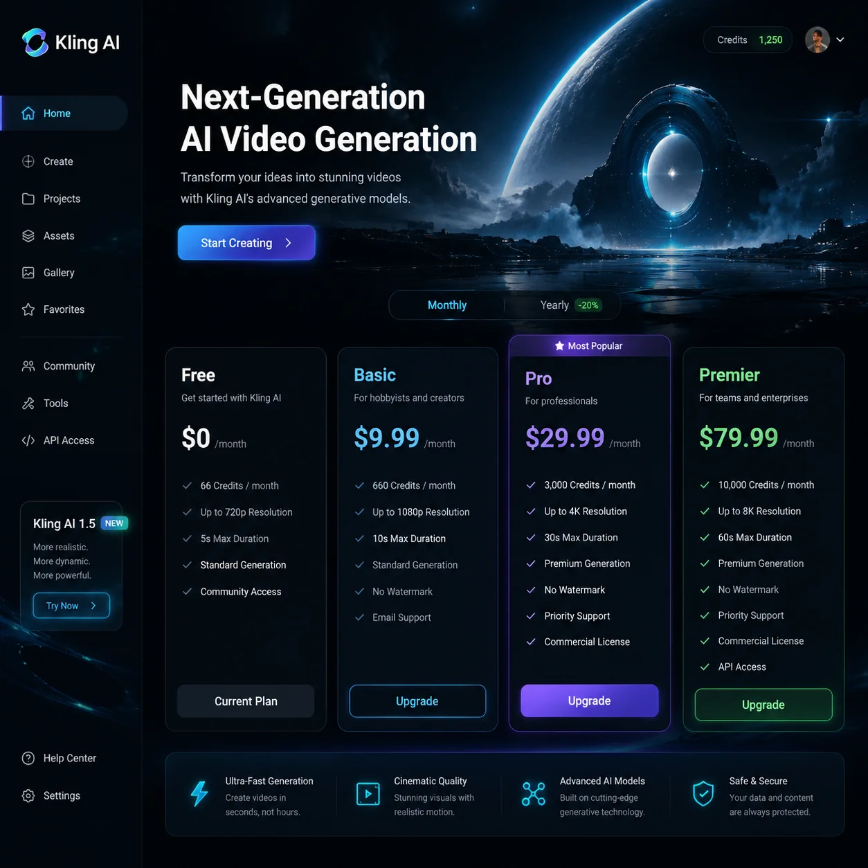 Kling AI platform interface showing pricing tiers on a futuristic dashboard