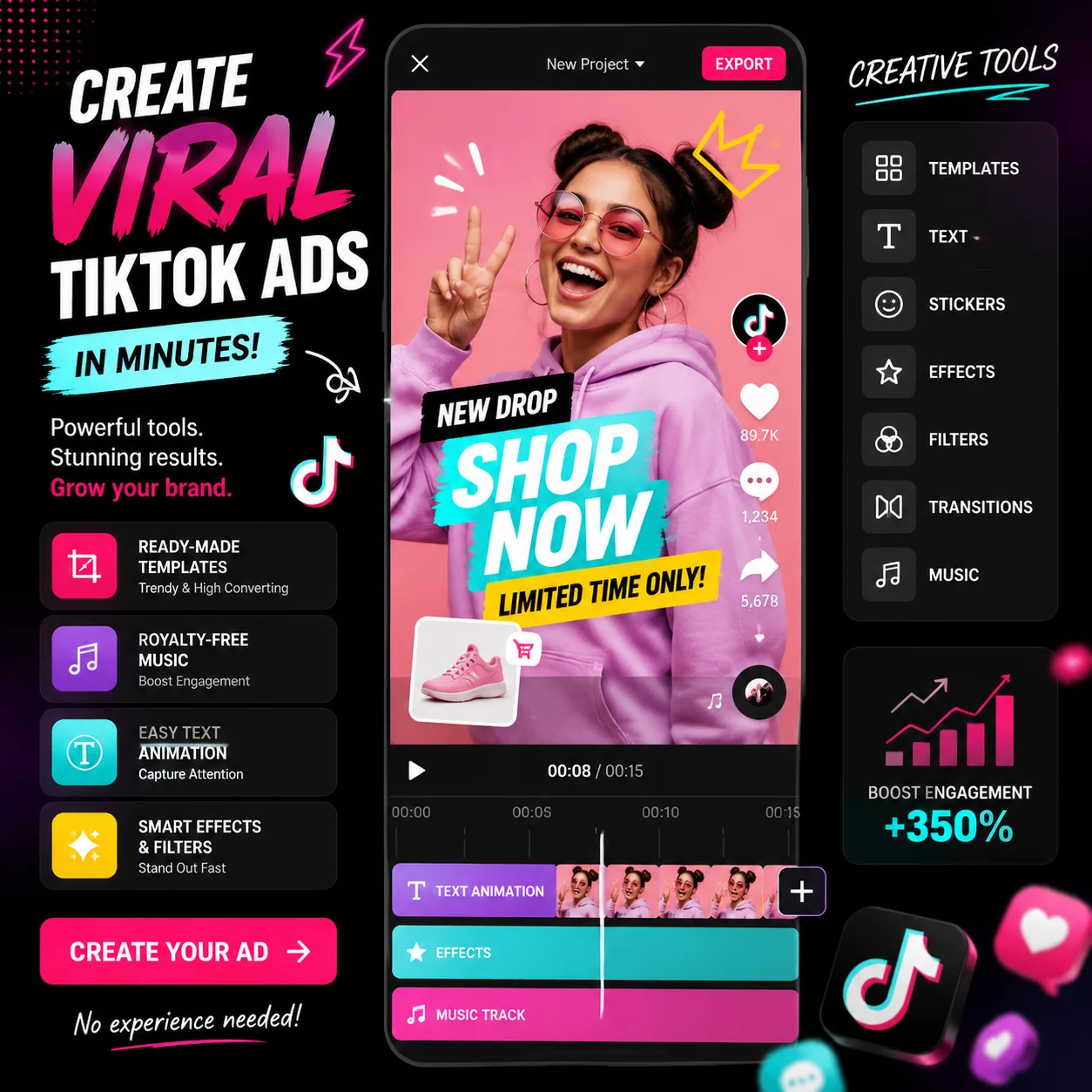 TikTok style vertical video ad creation interface with creative tools and bright energetic colors
