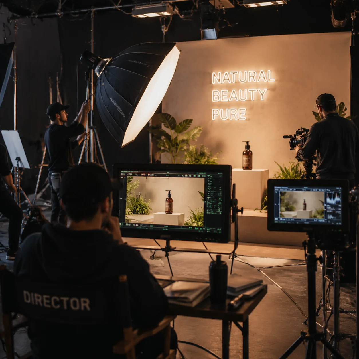 Professional video production studio setup with cameras and lighting for brand commercials