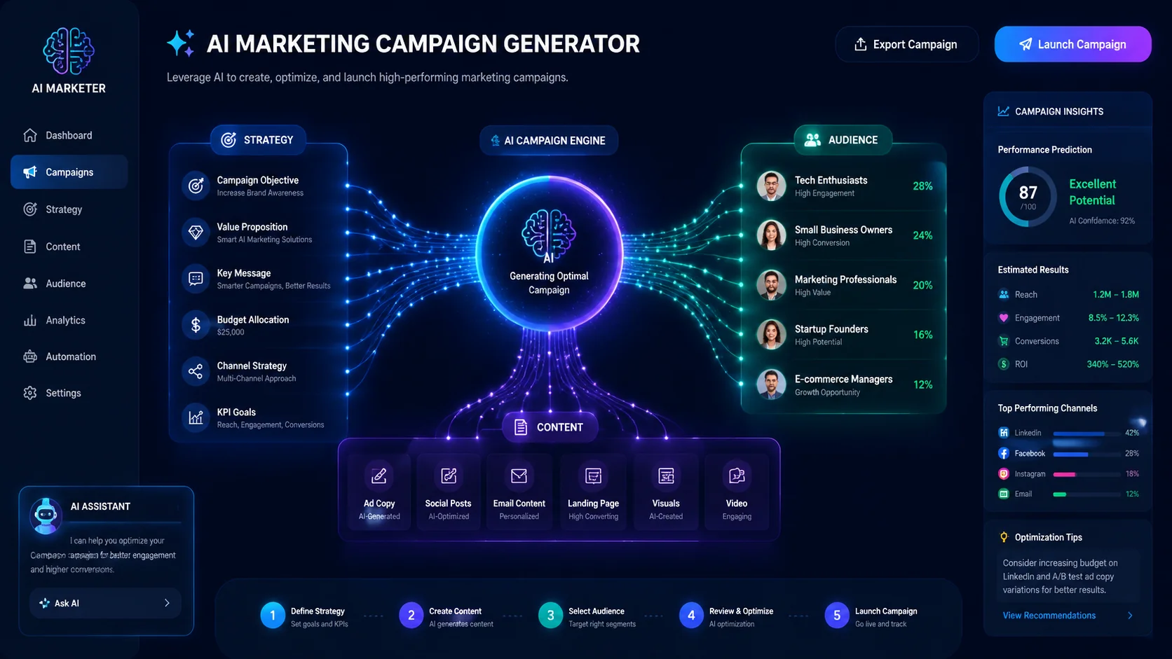 AI marketing campaign generator interface showing strategy nodes, audience segments and content output connected in a glowing workflow diagram