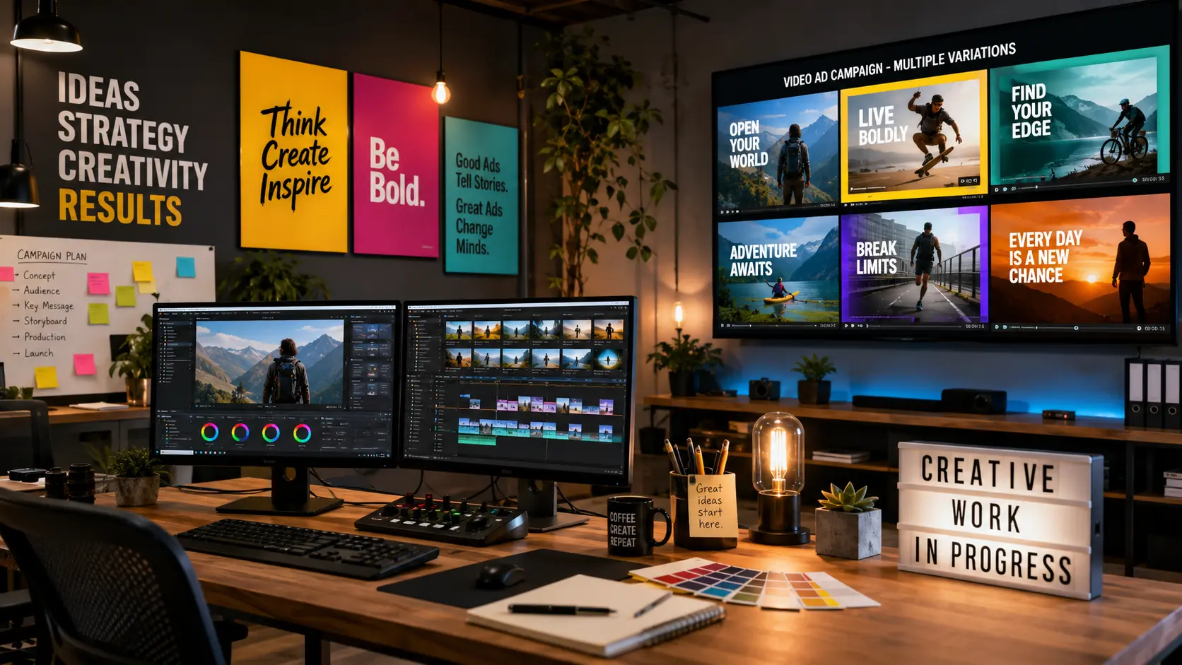 Creative video ad production workspace showing storyboards, editing timelines, and performance dashboards