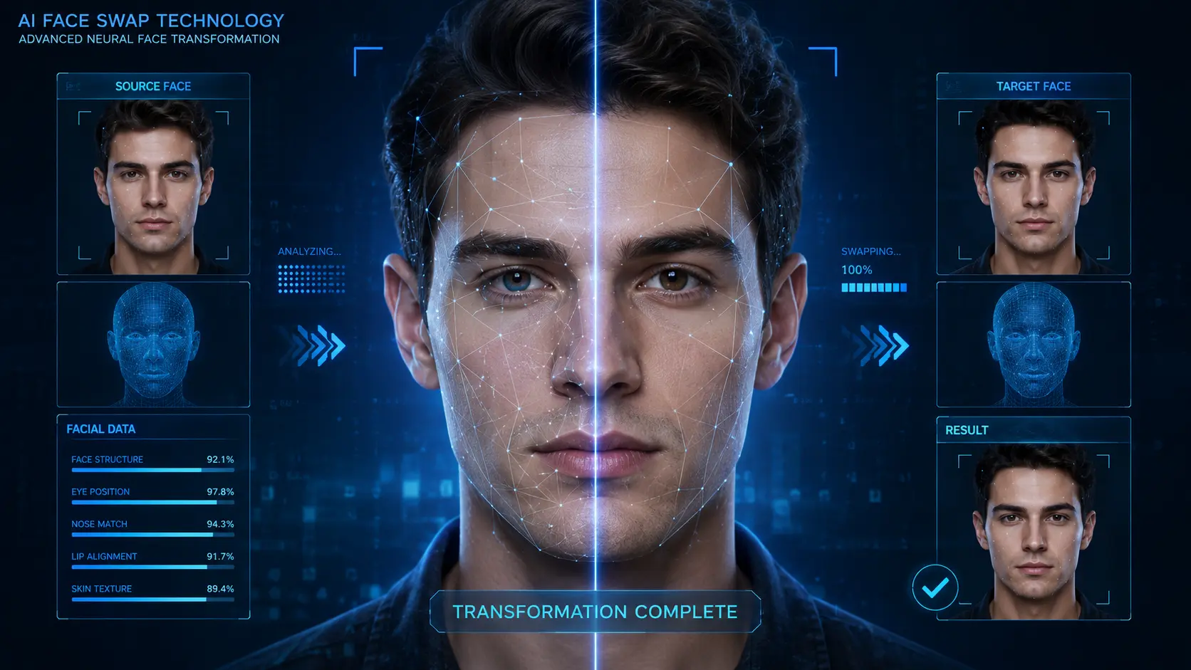 Face swap API workflow showing source image, target video, and seamless face replacement result