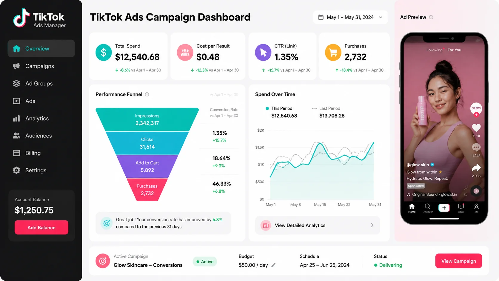 TikTok advertising dashboard showing campaign budget allocation, CPM metrics and mobile video ad preview