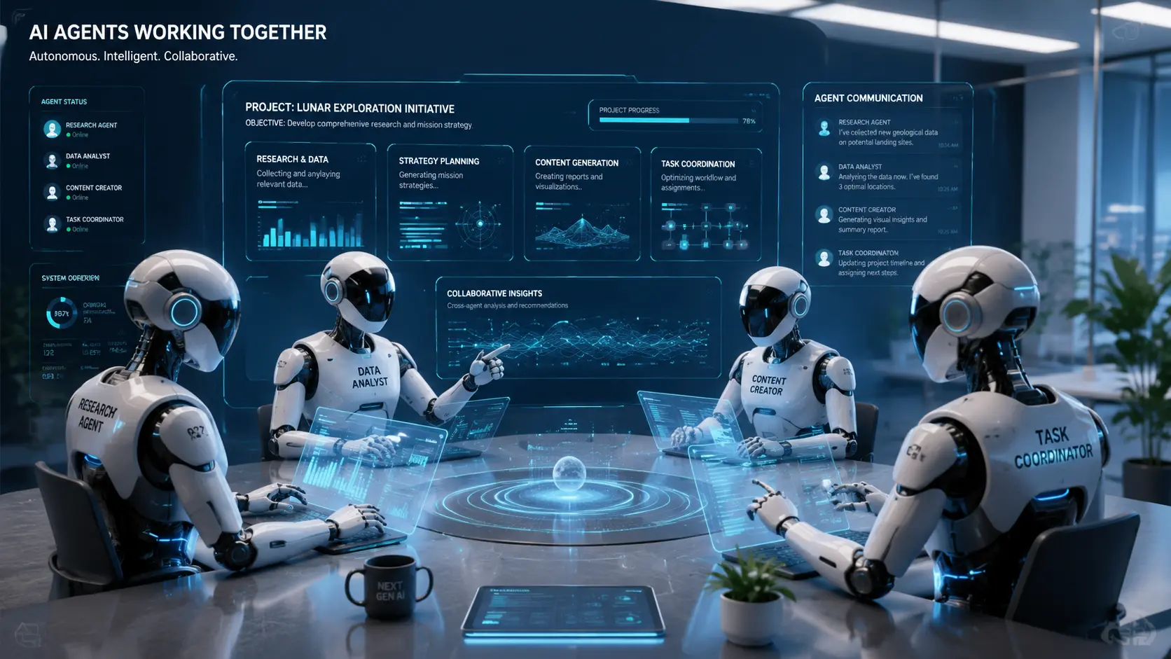 AI agents concept showing autonomous AI assistants working on marketing tasks