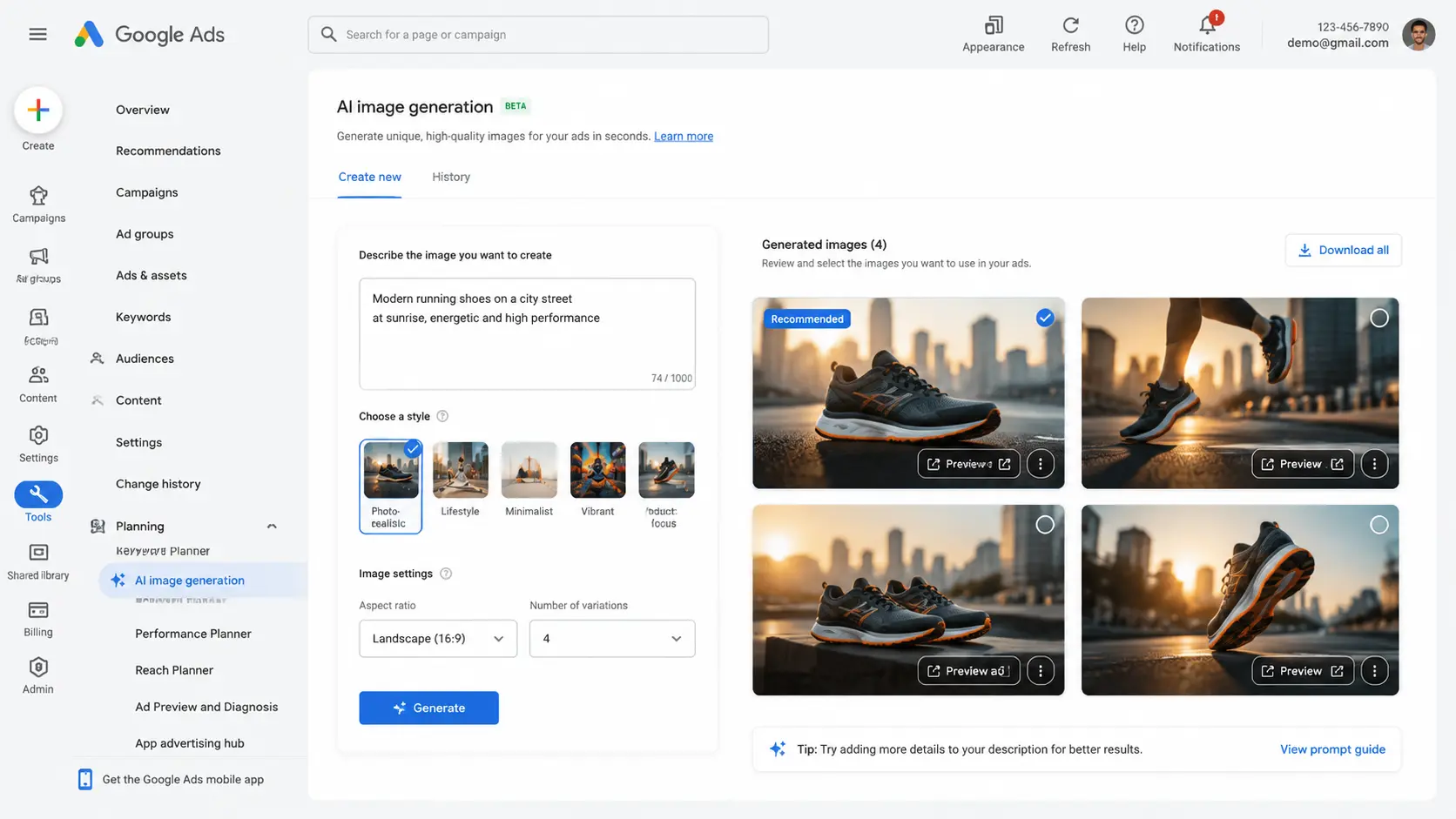 Google Ads AI image generator interface creating marketing visuals for advertising campaigns