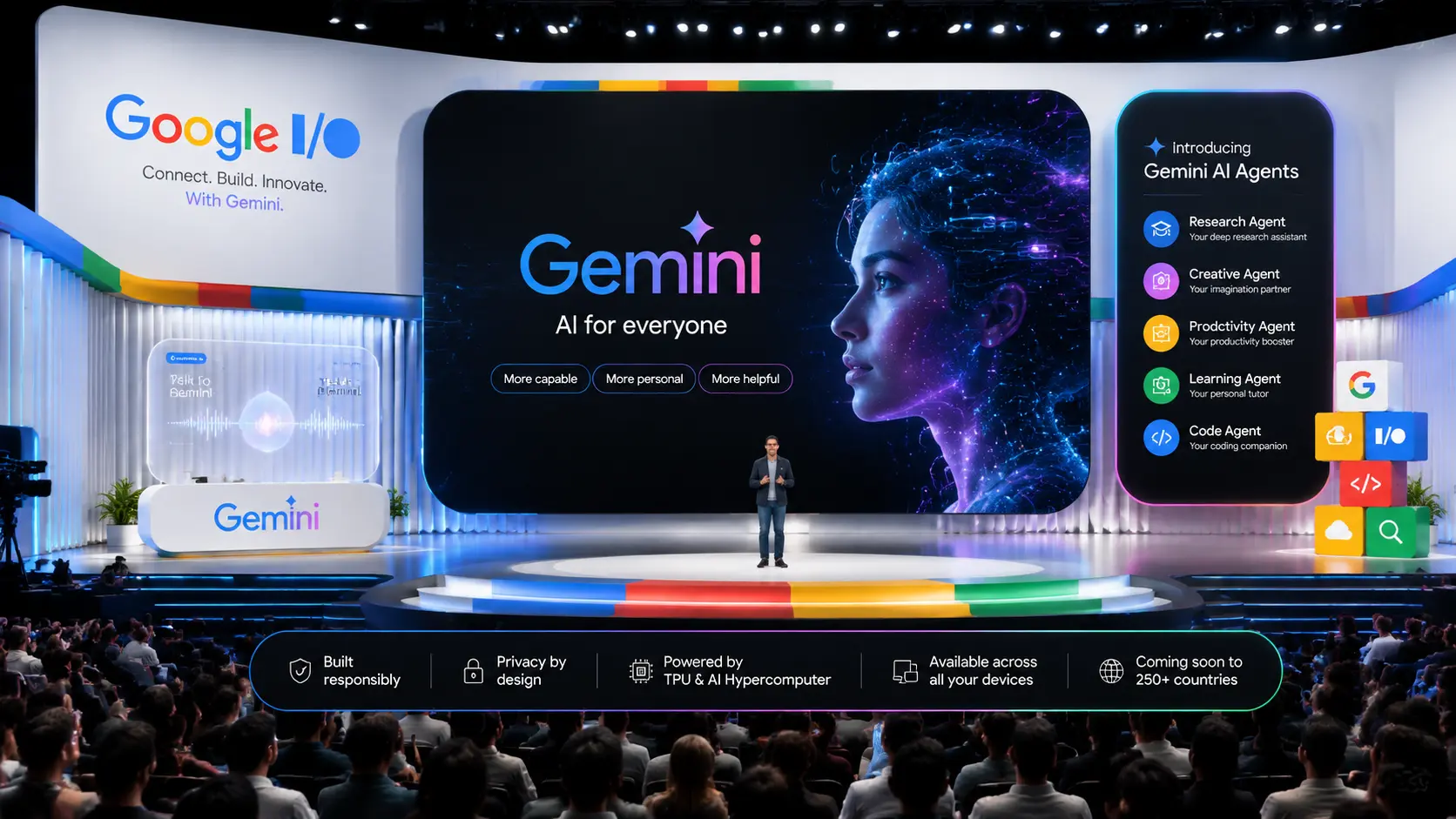 Google I/O 2026 conference highlights showing Gemini AI and agent capabilities for marketing