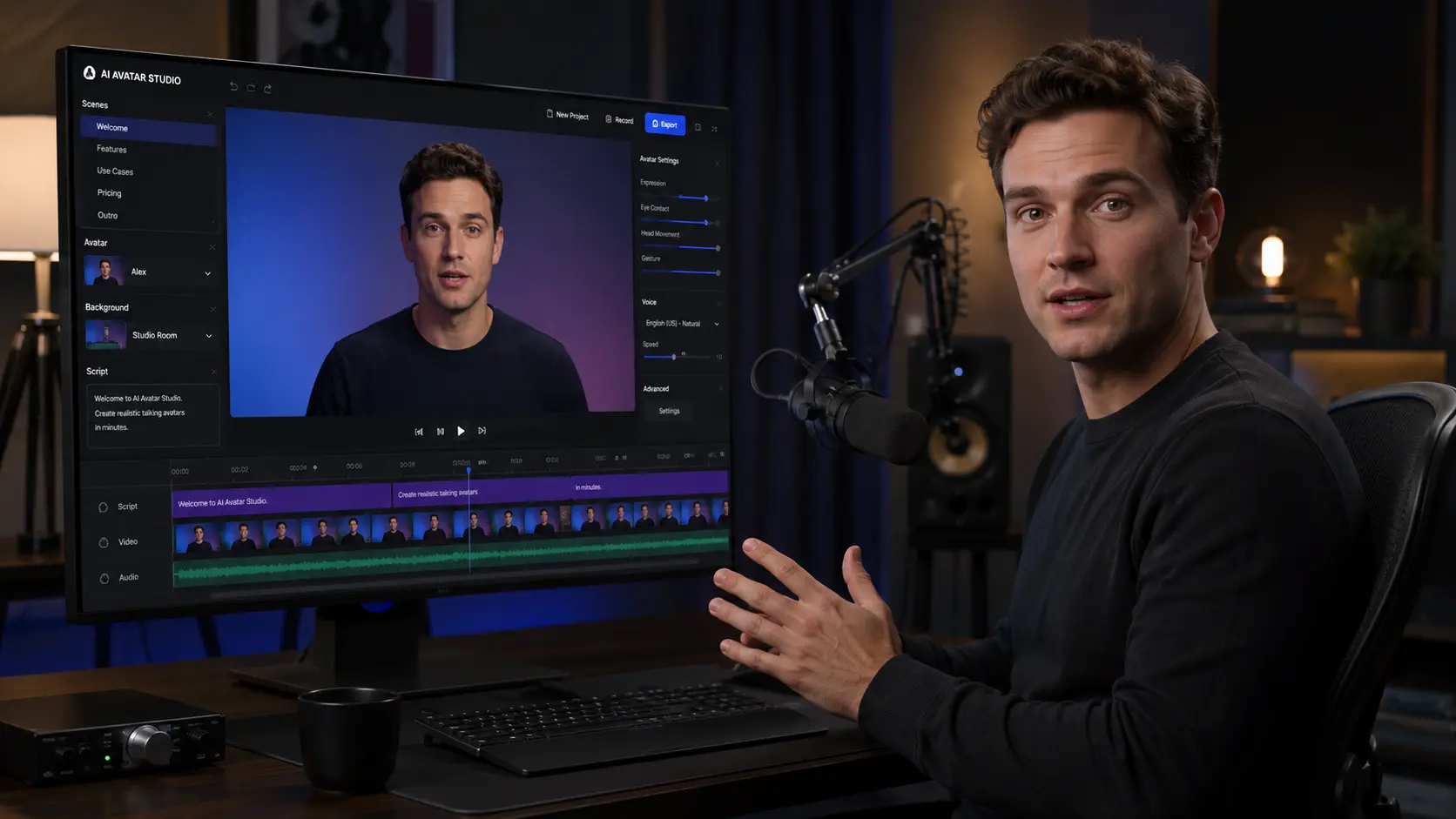 AI talking avatar generation interface showing digital presenter creation